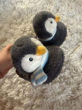 Target Plush Penguin Kids Slippers in Gray, White, Yellow and Blue